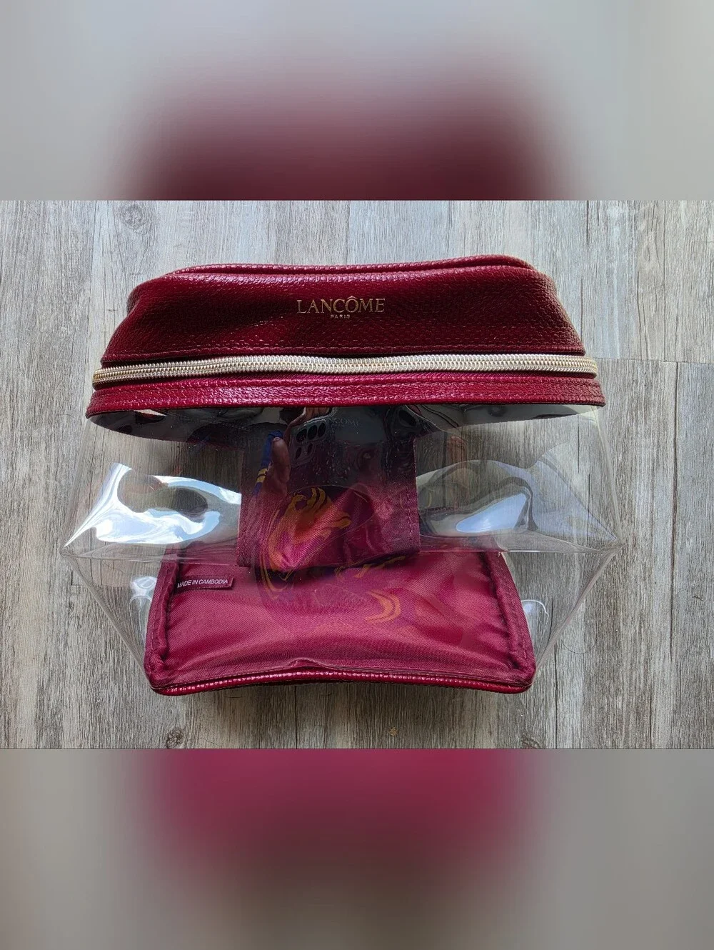 Lancome Red & Clear Makeup Bag / Cosmetic Bag with Top Handle NWT